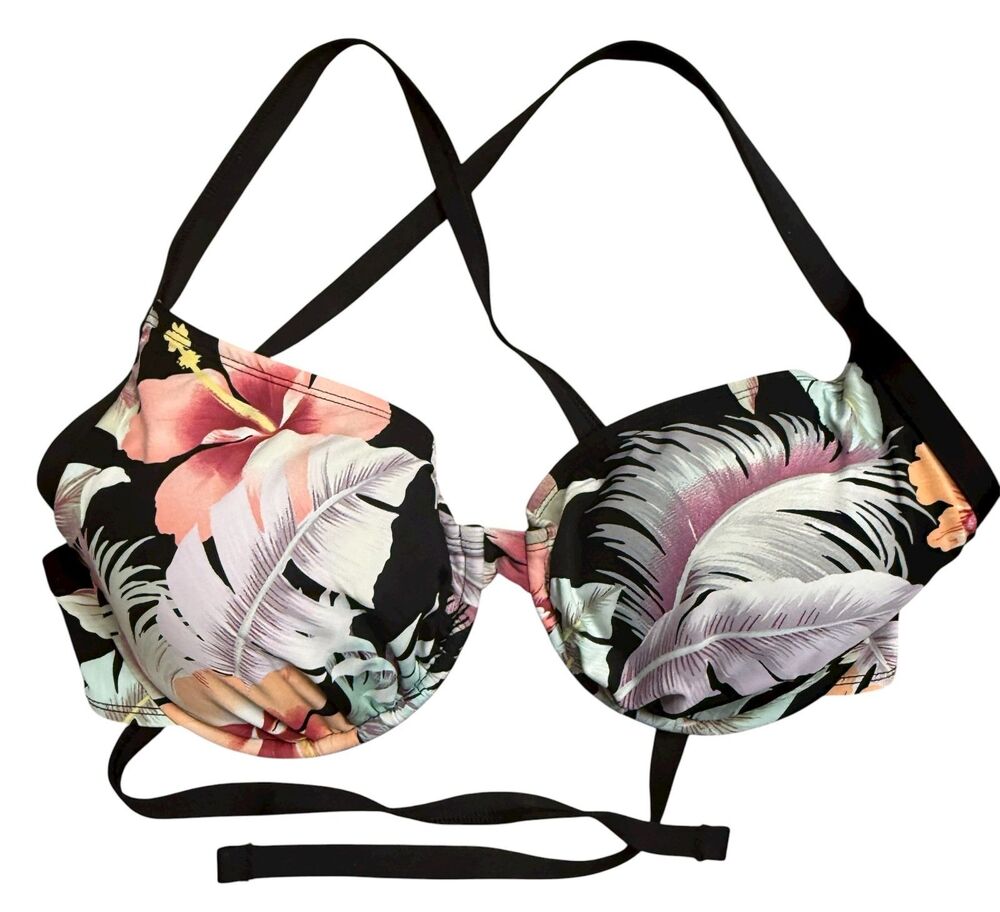 Body Glove Smoothies Solo Tropical Floral Bikini Top E Cup Black Plunge Pushup